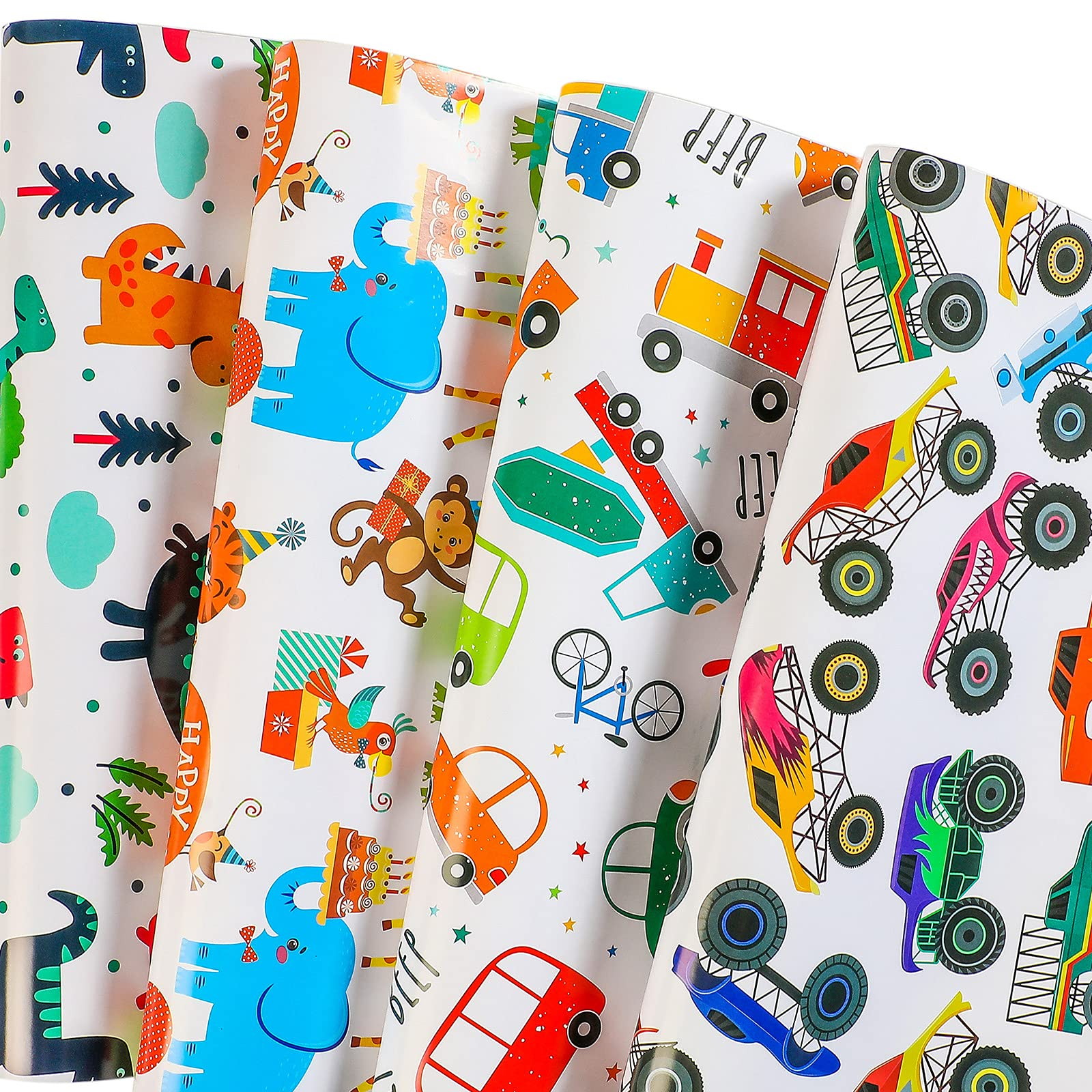 Birthday Wrapping Paper for Kids Boys Girls - Dinosaur Monster Truck Gift  Wrap Paper for Party Baby Shower - 10 Sheets, 20 x 29 inch 